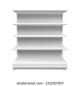 White supermarket shelves. Retail rack shop shelving blank shelves empty showcase store bookcase isolated vector 3d mockup