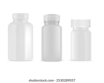 Mockup de garrafa de suplemento branco. Projeto de frasco de pílula médica, modelo de recipiente de vetor. Prescrição pacote de medicamentos em branco, farmácia antibiótica pode. Frasco para injetáveis de vitamina ummy sem rótulo