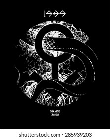 White supreme magic graphic detailed drawing creative snake's tail with tree's roots on black background with Mars sign, man, sacred signs in the circle for advertising, print on a T-shirt