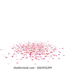 White surface covered with multiple multicolor heart shaped paper confetti. EPS 10 vector file