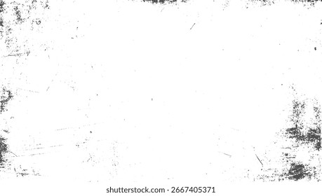 A white surface with scattered black grunge marks and fine scratches creating a distressed texture.