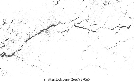 A white surface with scattered dark grey cracks and small speckles creating a textured abstract pattern.