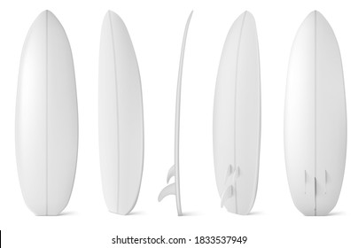 White surfboard front, side and back view. Vector realistic mockup of blank long board for summer beach activity, surfing on sea waves. Leisure sport equipment isolated on white background