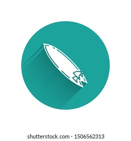 White Surfboard icon isolated with long shadow. Surfing board. Extreme sport. Sport equipment. Green circle button. Vector Illustration