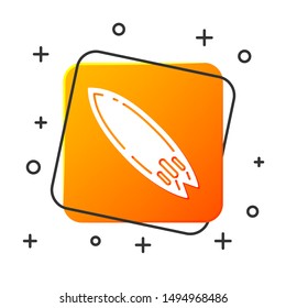 White Surfboard icon isolated on white background. Surfing board. Extreme sport. Sport equipment. Orange square button. Vector Illustration