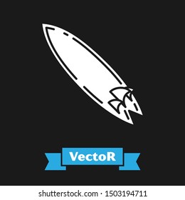 White Surfboard icon isolated on black background. Surfing board. Extreme sport. Sport equipment.  Vector Illustration