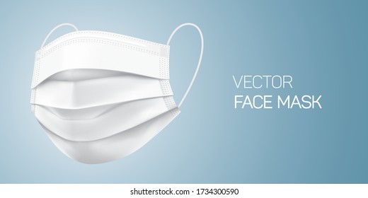 White surgical face mask, vector illustration. Virus protection medical mask, isolated on gray gradient background in a side view. Disease protective disposable mask with elastic ear loop band.