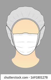 White Surgical Mask And Mesh Hat Cover Hair Vector.