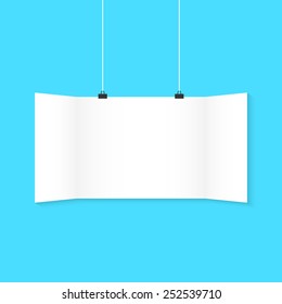 weißes umrandetes hängendes Poster auf blauem Hintergrund. Konzept der Werbung Plakat, Förderung, Werbung, Ankündigung, Öffentlichkeitsarbeit. flach Stil trendy moderne Silhouette Design Vektorgrafik