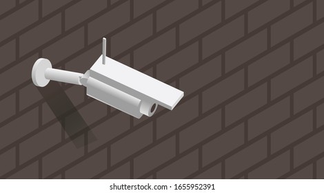 Cámara de vigilancia blanca en la pared de ladrillo ilustración vectorial isométrica. Cctv, cámara de seguridad al aire libre, protección del hogar de seguridad, concepto de vector de sistema de seguridad inteligente.