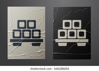 White Sushi on cutting board icon isolated on crumpled paper background. Asian food sushi on wooden board. Paper art style. Vector Illustration