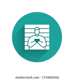 White Suspect criminal icon isolated with long shadow. The criminal in prison, suspected near the board. Green circle button. Vector Illustration
