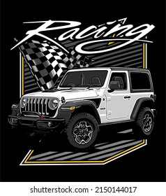 white suv racing flag background vector template