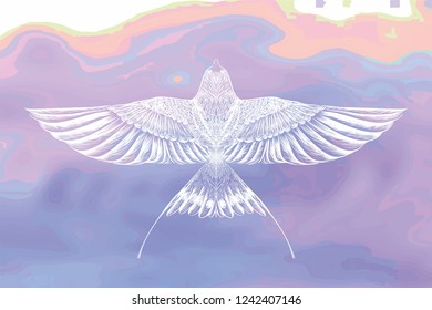 White swallow on the violet watetcolor background. Flying bird in the cloudy sky.