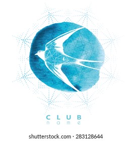 White Swallow in tattoo style on a background of blue watercolor. logo