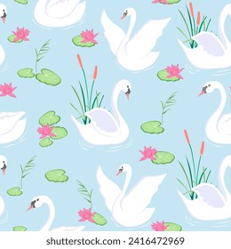 White swan background seamless cartoon vector illustration. Swan in pond wallpaper