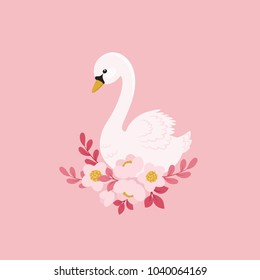 White swan and beautiful flowers. Fairy tale concept. Vector illustration