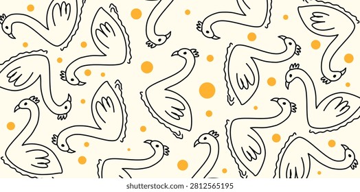 White swan birds outline pattern with orange dots design