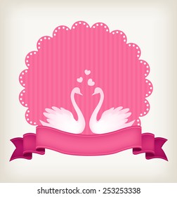 White swan couple on pink striped lace background with a ribbon banner