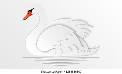 White swan cut out of paper. 3d vector illustration, origami style.