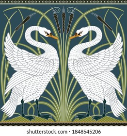 White swan decorative border pattern on dark green background. Vector illustration.