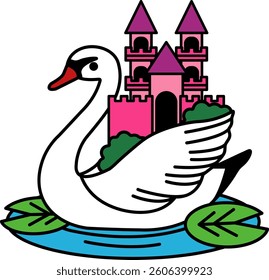 A white swan is floating on a pond with a castle in the background. The castle is pink and has a pink roof. The swan is the main focus of the image, but the castle and the pond create a whimsical
