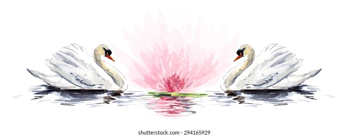 White swan floats. Watercolor hand drawn vector illustration.