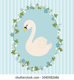 White swan in floral frame on blue background. Vector illustration