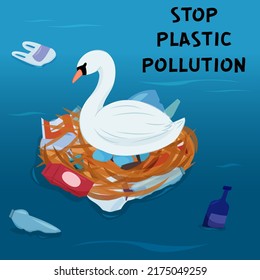 The white swan lays its eggs among the garbage