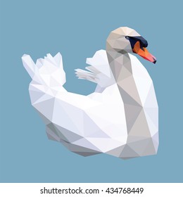 White swan low polygon on blue background, origami bird icon isolated.