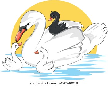 White swan mom and her three babies. Vector