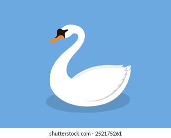 White Swan On The Lake, Illustration In Flat Style