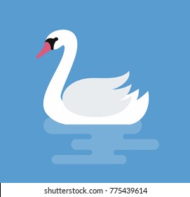 White swan on water. Vector flat illustartion