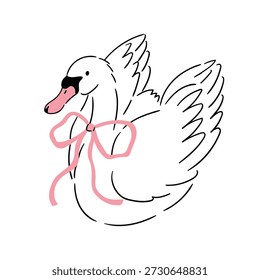 White swan with pink bow Vector Preppy Animal poster in tattoo style. Bird illustration or wedding card design