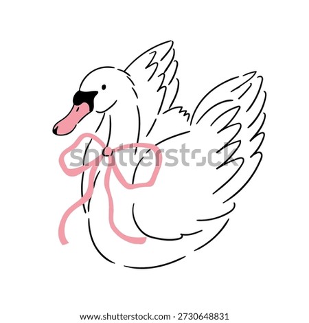 White swan with pink bow Vector Preppy Animal poster in tattoo style. Bird illustration or wedding card design