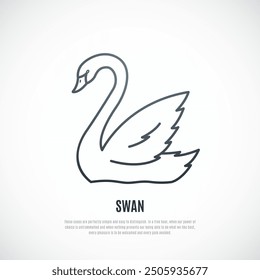 White swan with raised wings illustration in line art style. Swan vector icon.