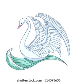 White swan with raised wings, vector illustration isolated on white background