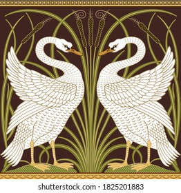 White swan and reeds decorative border pattern on dark background. Vector illustration.