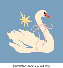 White Swan with ribbon and star. Elegant bird. Cartoon style, flat design. Hand drawn trendy Vector illustration. Isolated design element. Poster, print template