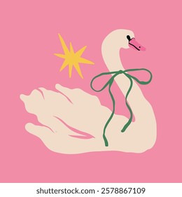 White Swan with ribbon and star. Elegant bird. Cartoon style, flat design. Hand drawn trendy Vector illustration. Isolated design element. Poster, print template