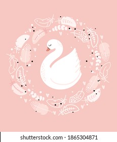 White Swan in a round feather frame on a pink background. Cute vector illustration in Scandinavian style