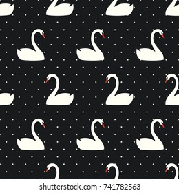 White swan seamless pattern on polka dots black background. Cute birds vector illustration. Trendy fashion design for textile, fabric, decor.