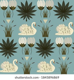White Swan seamless vector pattern on light blue background