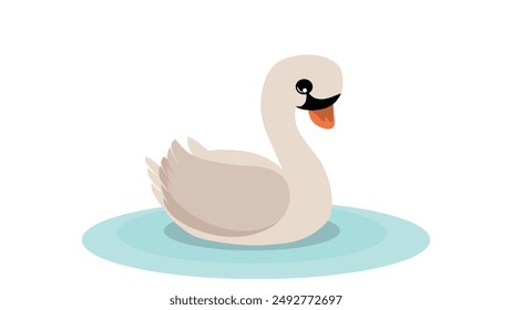 White swan swims along the river with the effect of circles on the water, swan with an orange beak against the background of water ripples