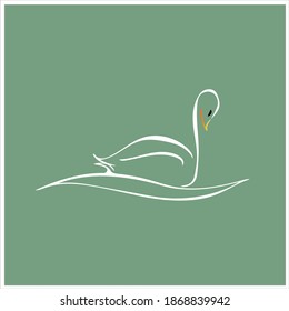 White swan vector on water green background. Aesthetic swan vector. Line art