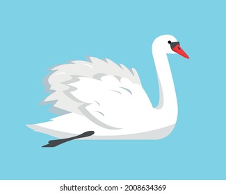 White swan in water. Swan bird icon isolated on blue background. Flat or cartoon vector illustration.