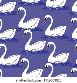 White Swan In Water Vector Pattern Seamless