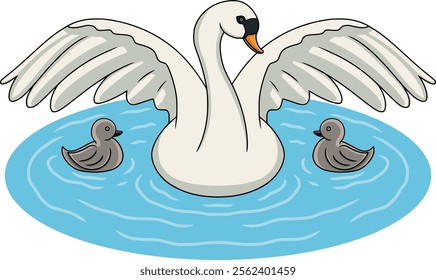 A White Swan With Its Wings Spread Wide Swimming In The Water With Two Goslings, Vector Illustration