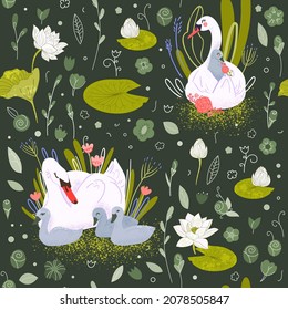 White swans bird in water lilies children wallpaper. Vector seamless pattern with swan family with children. Trendy repeat print for nursery room, cute child design for clothes, fabrics, textile.