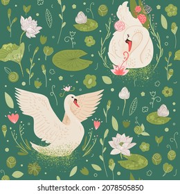 White swans bird in water lilies children wallpaper. Vector seamless pattern with swan and floral elements. Trendy repeat print with birds, cute child design for clothes, print for fabrics, textiles.